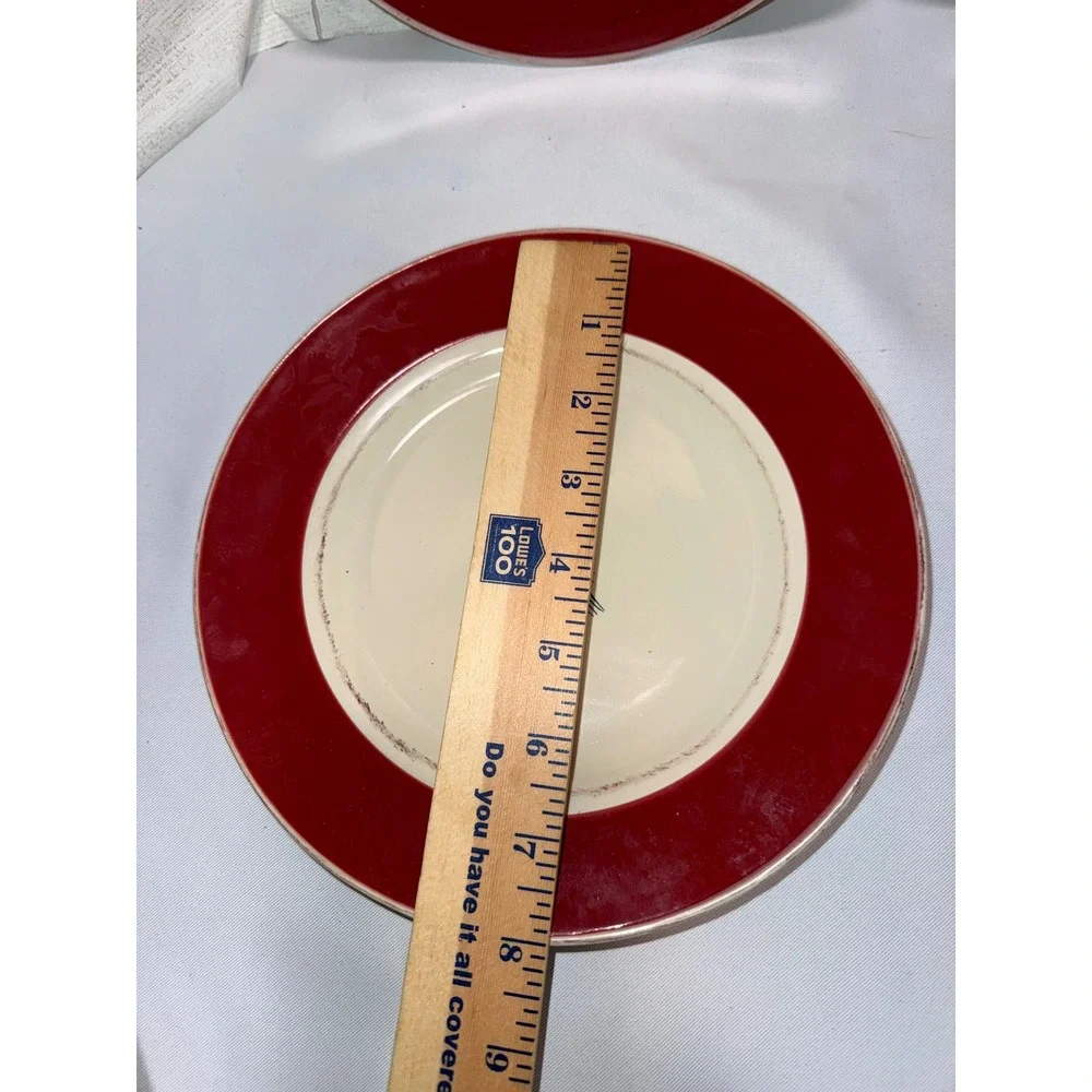 Pier 1 Rustic Tree Christmas Salad Plates Set 4 Red Rim Hand Painted Stoneware